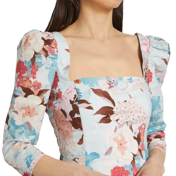 NWT Cara Cara Busy Puff-Sleeve Midi-Dress Japanese Floral blue - Picture 5 of 14